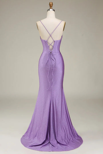 Lilac Mermaid Spaghetti Straps Satin Ball Dress with Corset